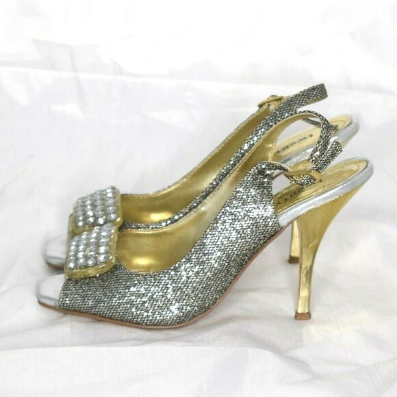 Twenty-One Womens 6 High Heels Slingback Gold Silver Rhinestones Peep Toe Shoes - Picture 6 of 11